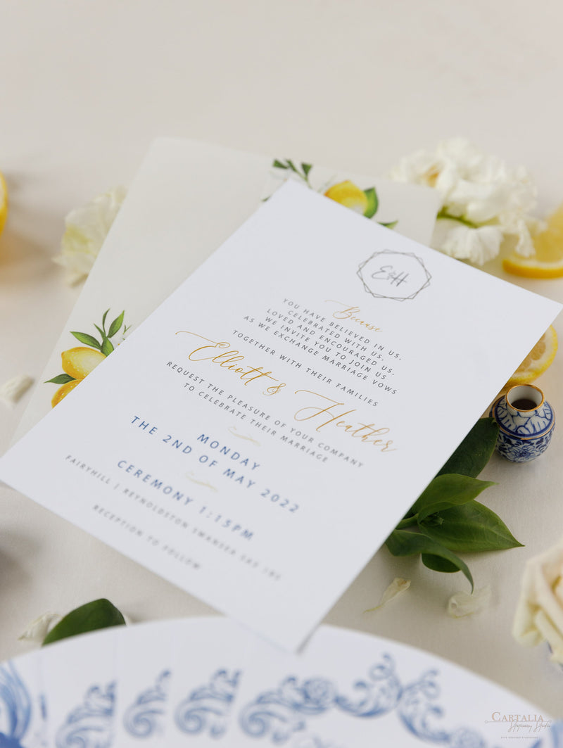 Invitación de boda del día de vitela de limón siciliano con etiqueta de espejo