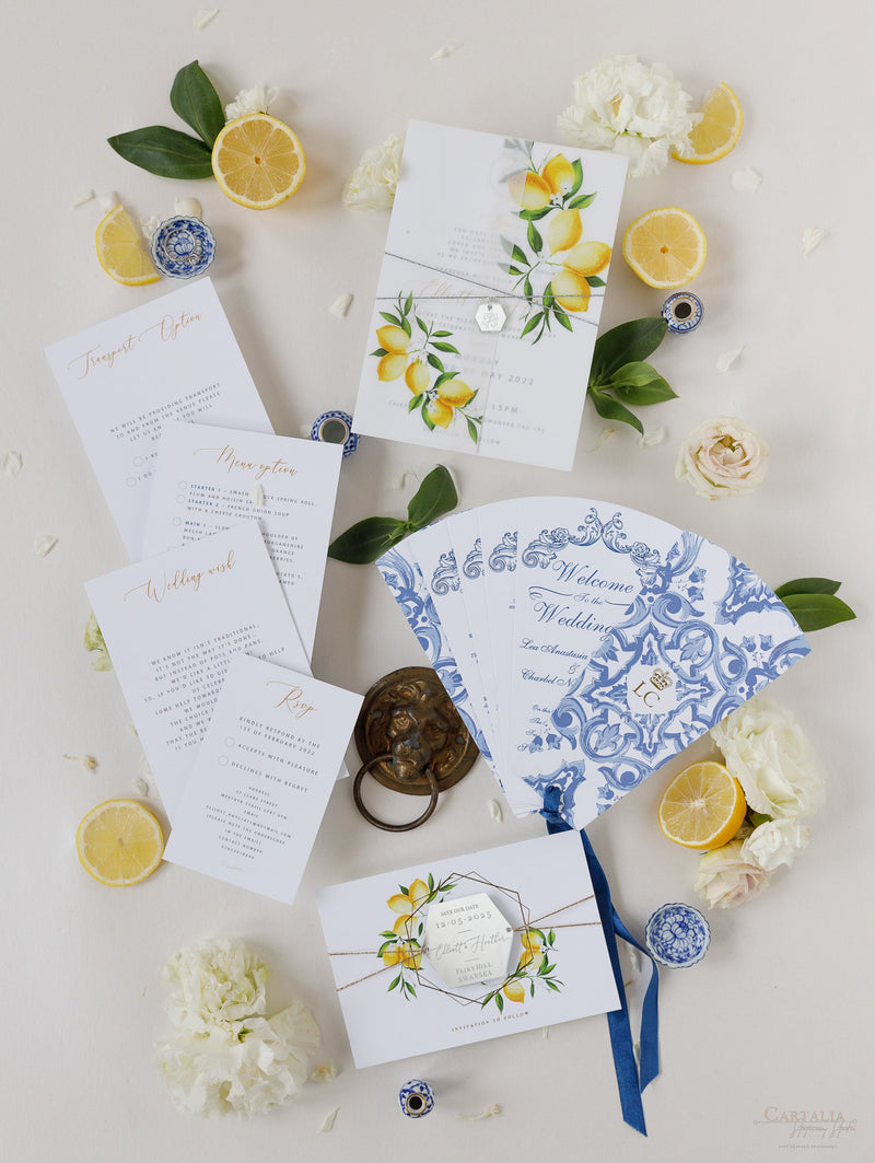 Invitación de boda del día de vitela de limón siciliano con etiqueta de espejo