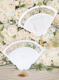 Intricate Laser-Cut Rose Wedding Petal Fan with Unique Luxury Monogram on the Back