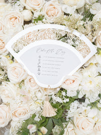 Intricate Laser-Cut Rose Wedding Petal Fan with Unique Luxury Monogram on the Back