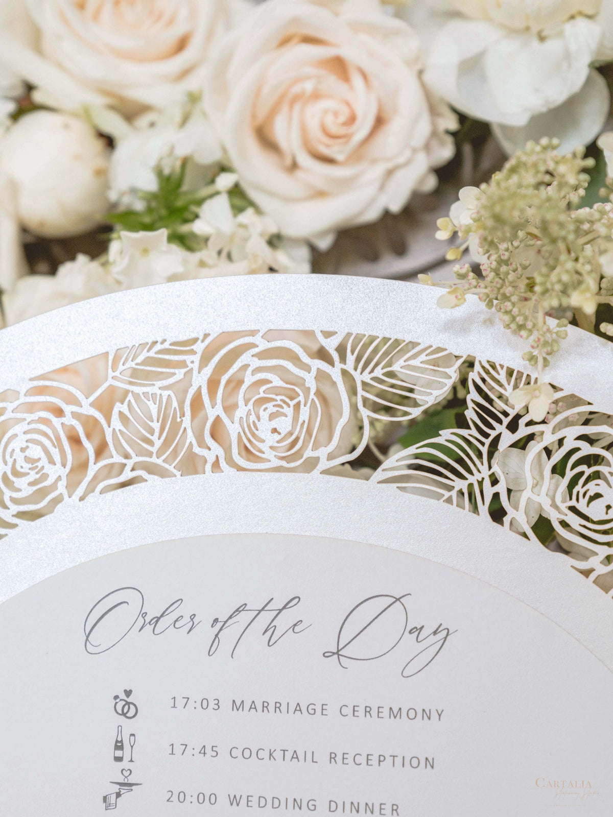 Intricate Laser-Cut Rose Wedding Petal Fan with Unique Luxury Monogram on the Back