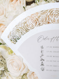 Intricate Laser-Cut Rose Wedding Petal Fan with Unique Luxury Monogram on the Back