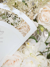 Intricate Laser-Cut Rose Wedding Petal Fan with Unique Luxury Monogram on the Back