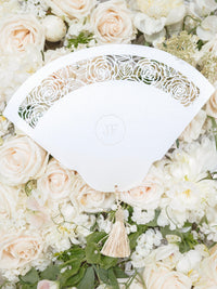 Intricate Laser-Cut Rose Wedding Petal Fan with Unique Luxury Monogram on the Back