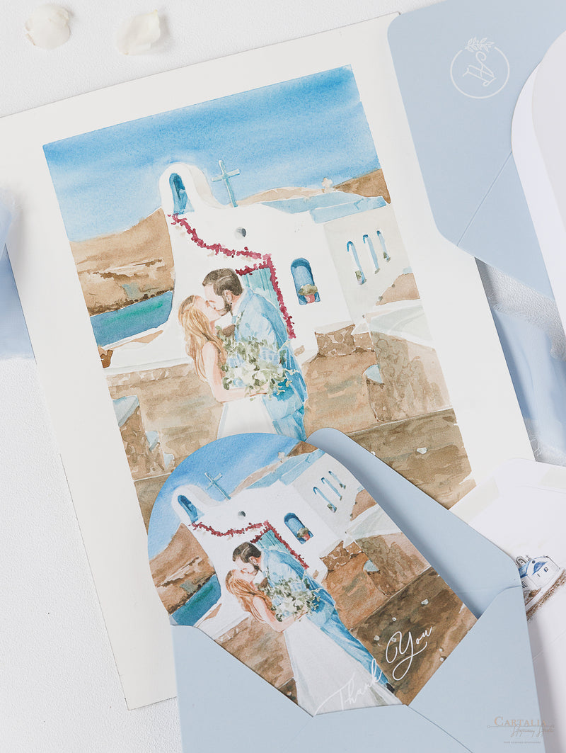 Lugar Pintura de acuarela de su boda como tarjeta de agradecimiento | Tarjeta de pintura a medida