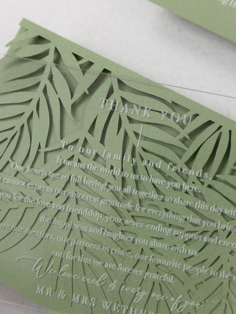 Sage Green Palm Leaves Wedding Invitation Suite | Bespoke Commission D&A