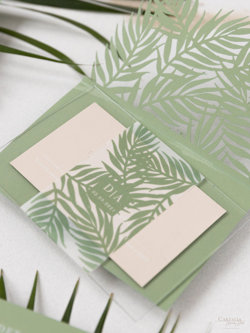 Sage Green Palm Leaves Wedding Invitation Suite | Bespoke Commission D&A