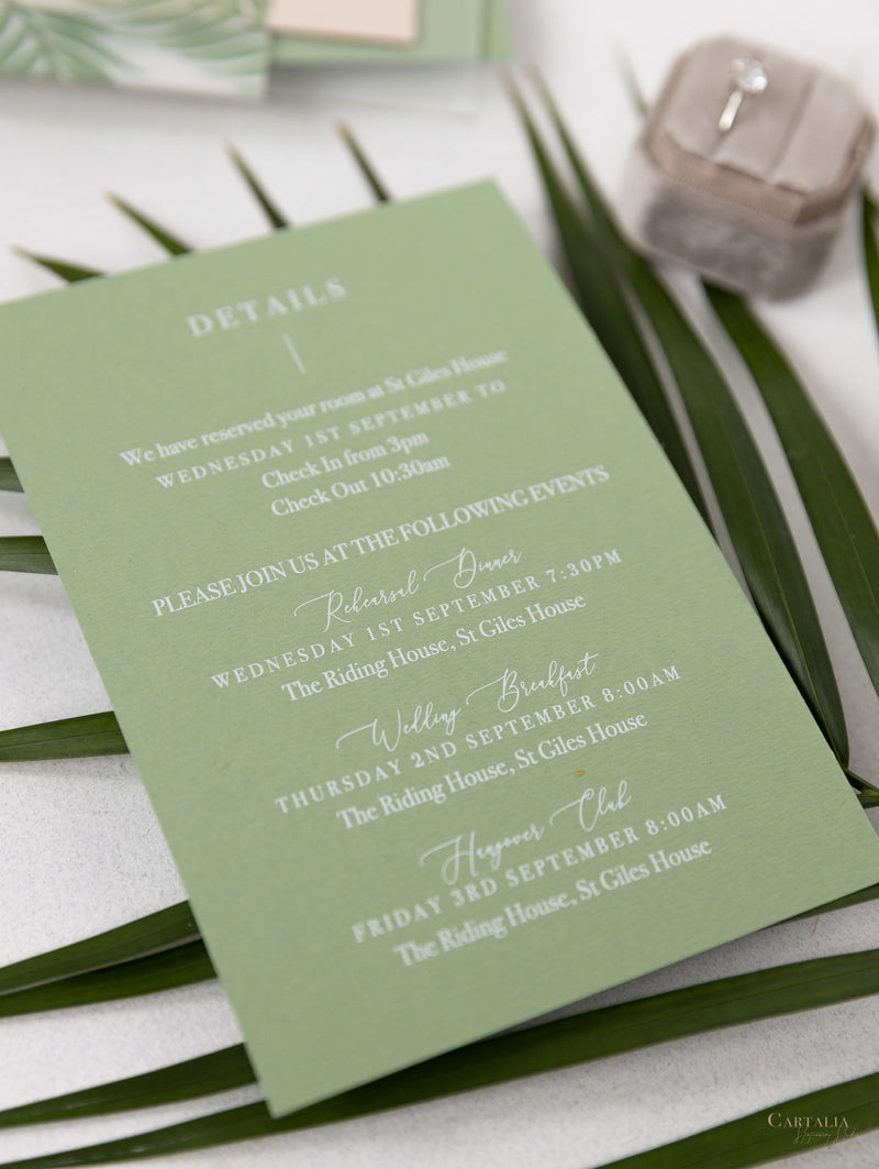 Sage Green Palm Leaves Wedding Invitation Suite | Bespoke Commission D&A