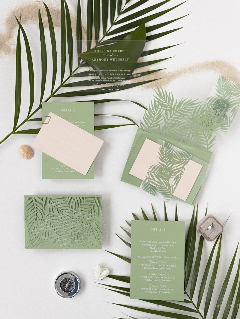 Sage Green Palm Leaves Wedding Invitation Suite | Bespoke Commission D&A
