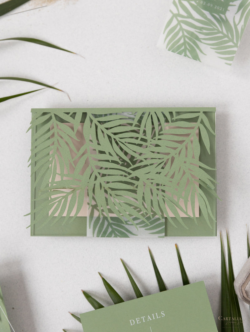 Sage Green Palm Leaves Wedding Invitation Suite | Bespoke Commission D&A