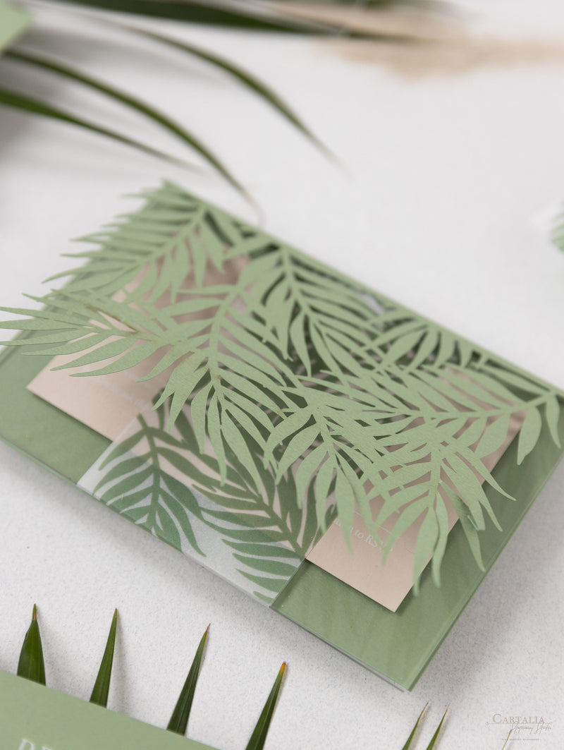 Sage Green Palm Leaves Wedding Invitation Suite | Bespoke Commission D&A