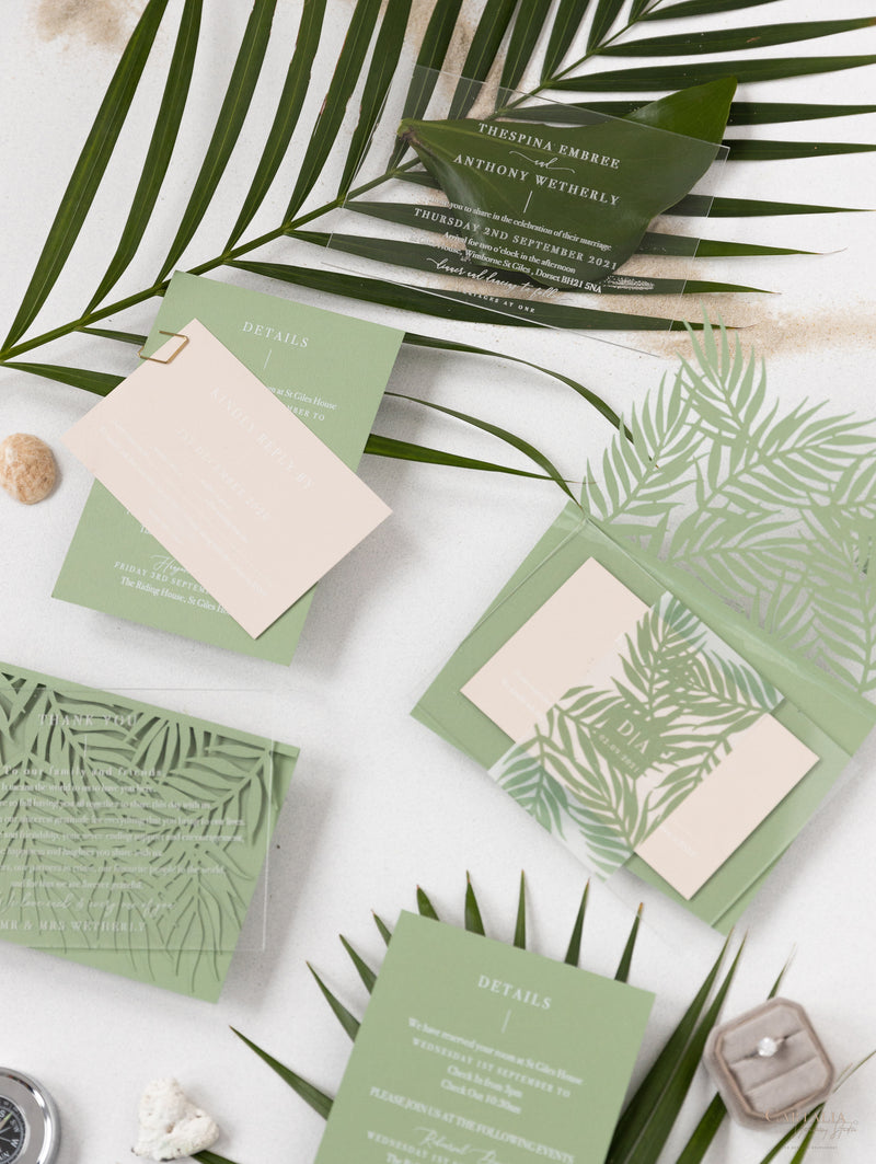 Sage Green Palm Leaves Wedding Invitation Suite | Bespoke Commission D&A