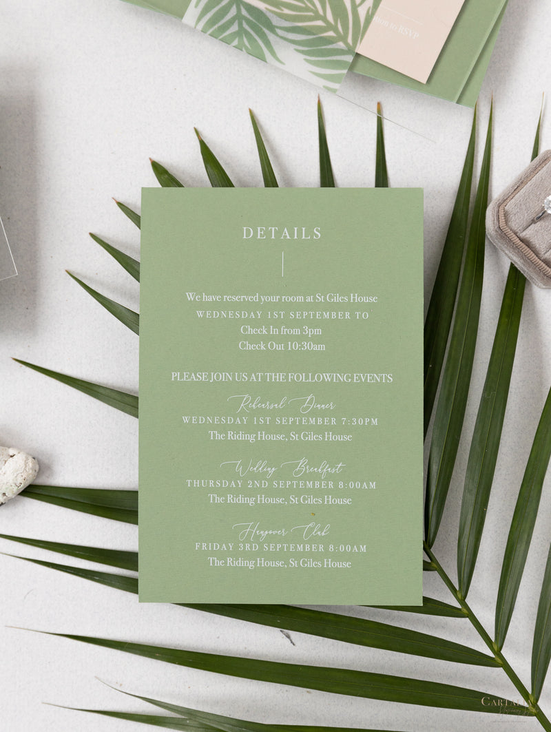 Sage Green Palm Leaves Wedding Invitation Suite | Bespoke Commission D&A