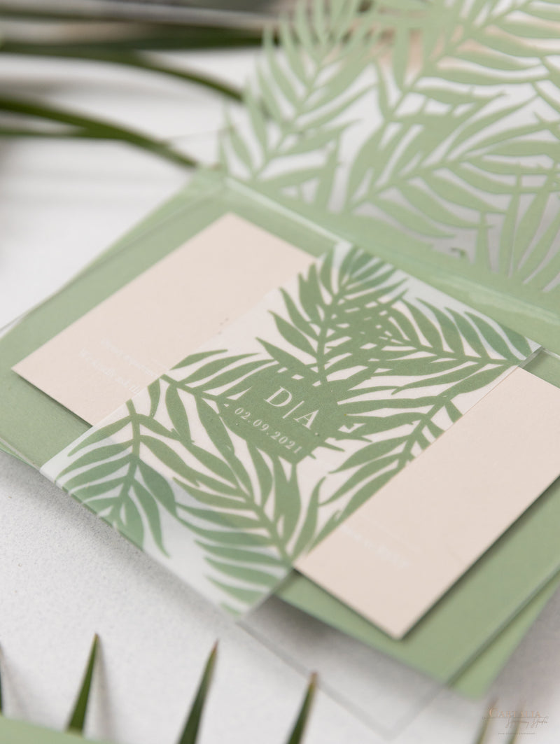 Sage Green Palm Leaves Wedding Invitation Suite | Bespoke Commission D&A