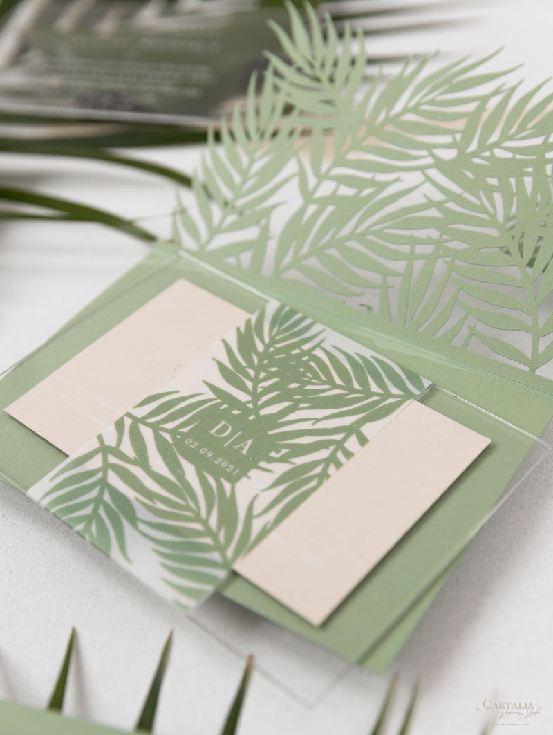 Sage Green Palm Leaves Wedding Invitation Suite | Bespoke Commission D&A