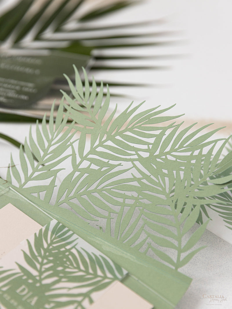 Sage Green Palm Leaves Wedding Invitation Suite | Bespoke Commission D&A
