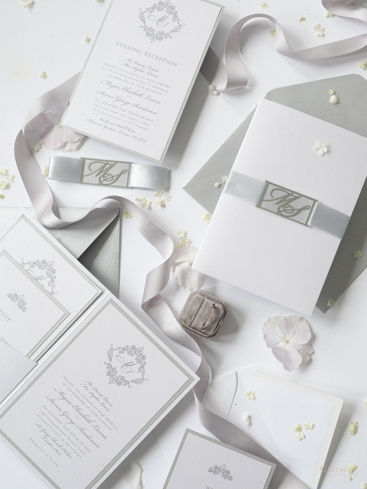 Shimmering Silver Monogram Pocket Wedding Invitation Suite