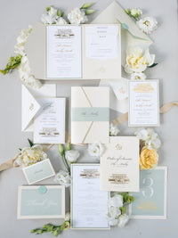 Table Numbers in Sage Green & Champagne with Custom Venue Sketch Foil