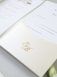 Ilustración personalizada del lugar de la boda ? Suite de bolsillo para invitación de lugar, con pliegue tipo sobre clásico en lámina dorada | MUESTRA