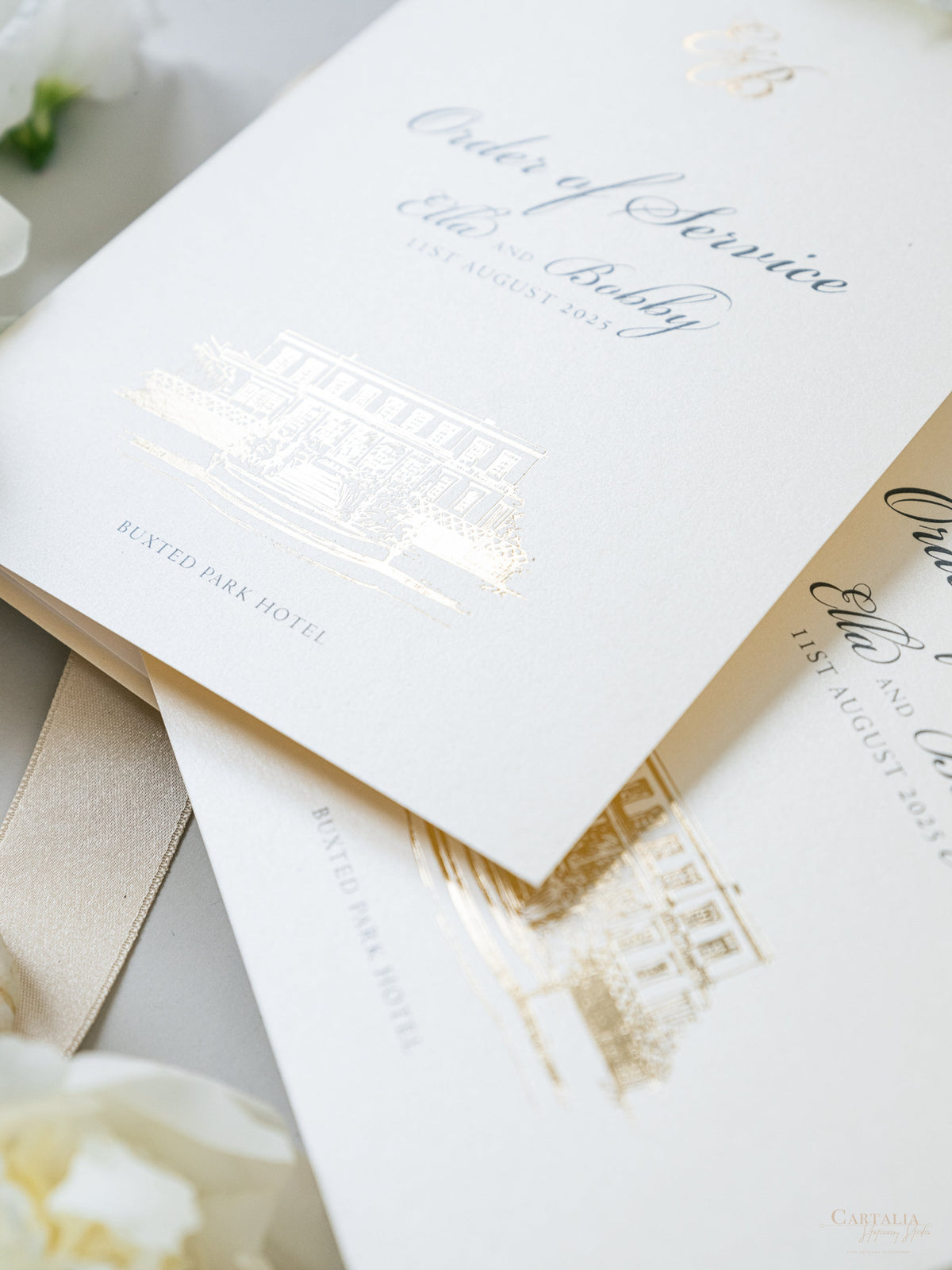 Order Of Service with Bespoke Venue Sketch In Gold Foil
