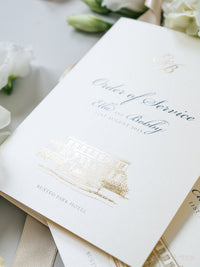 Order Of Service with Bespoke Venue Sketch In Gold Foil