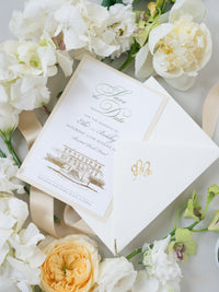 Custom Wedding Venue Illustration |  Foiled Venue Save the Date in Gold Foil | SAMPLE