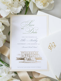 Custom Wedding Venue Illustration |  Foiled Venue Save the Date in Gold Foil | SAMPLE