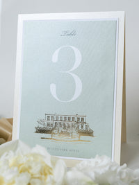 Table Numbers in Sage Green & Champagne with Custom Venue Sketch Foil