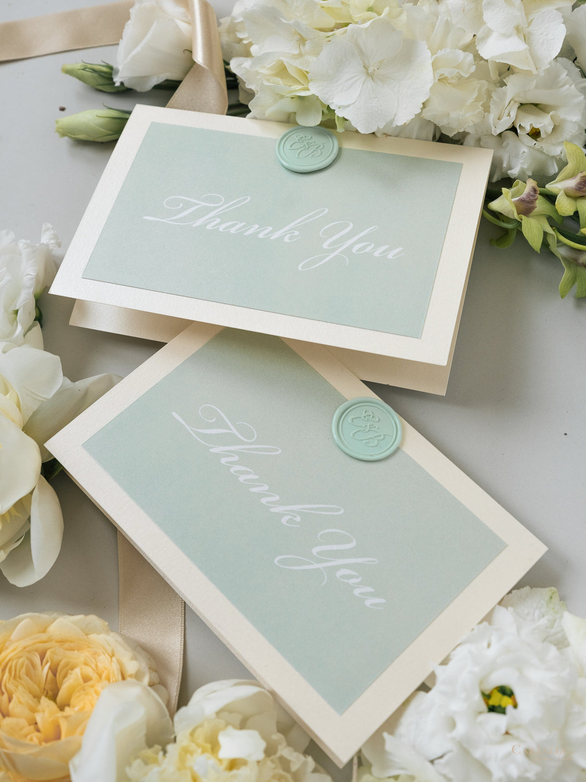 Sage Green & Champagne Thank You Cards with Bespoke Wax Seal