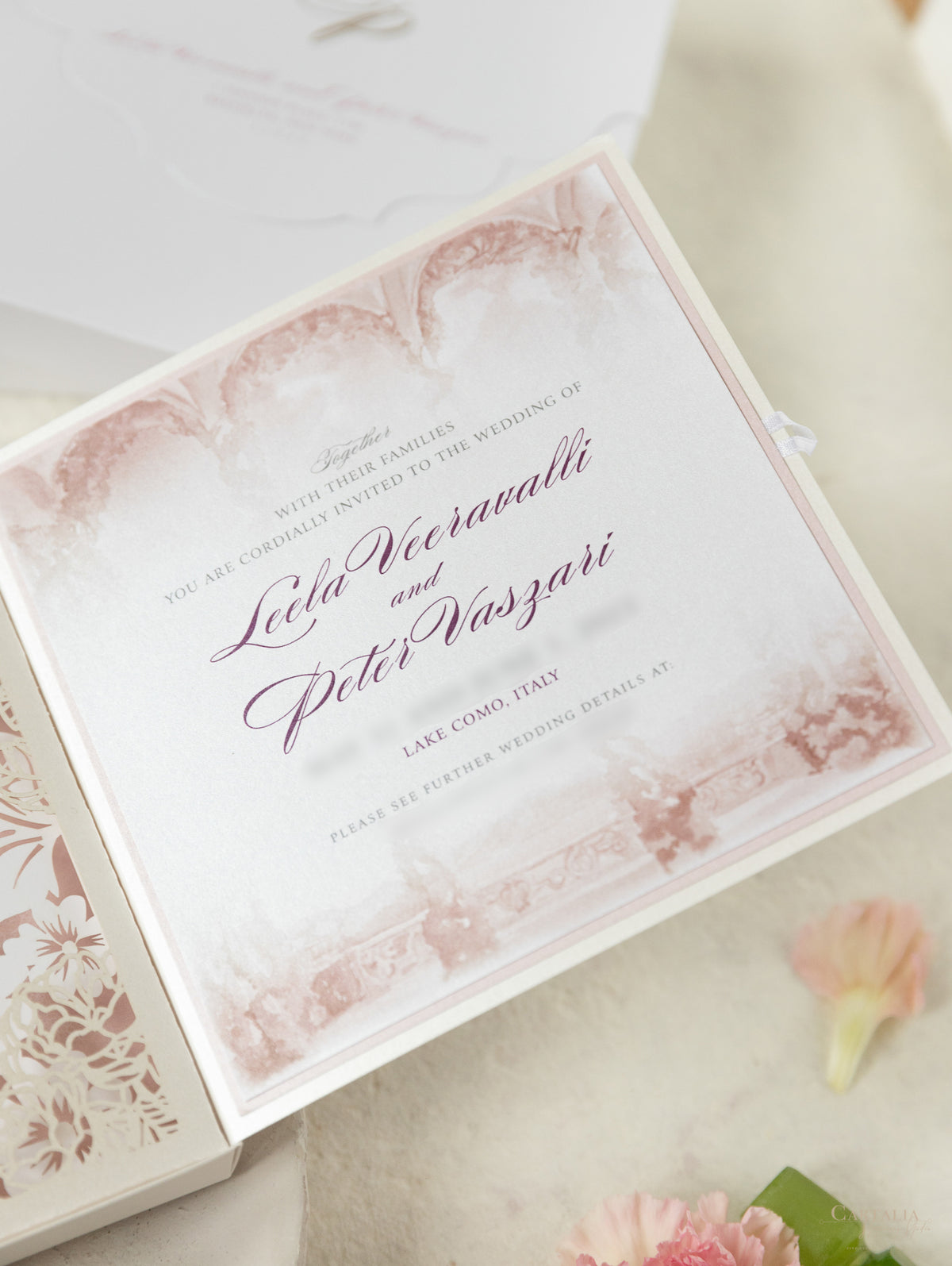 Invitación de boda del lago Como | villa del balbianello | Caja 3D de alta costura | Comisión L&amp;P a medida
