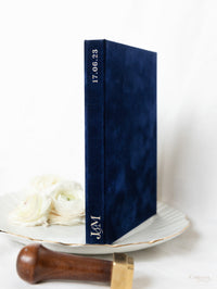 Luxury Velvet Hard Back Book & Box Pocket Invitation in Navy with Gold Foil Venue | Bespoke Commission J&M