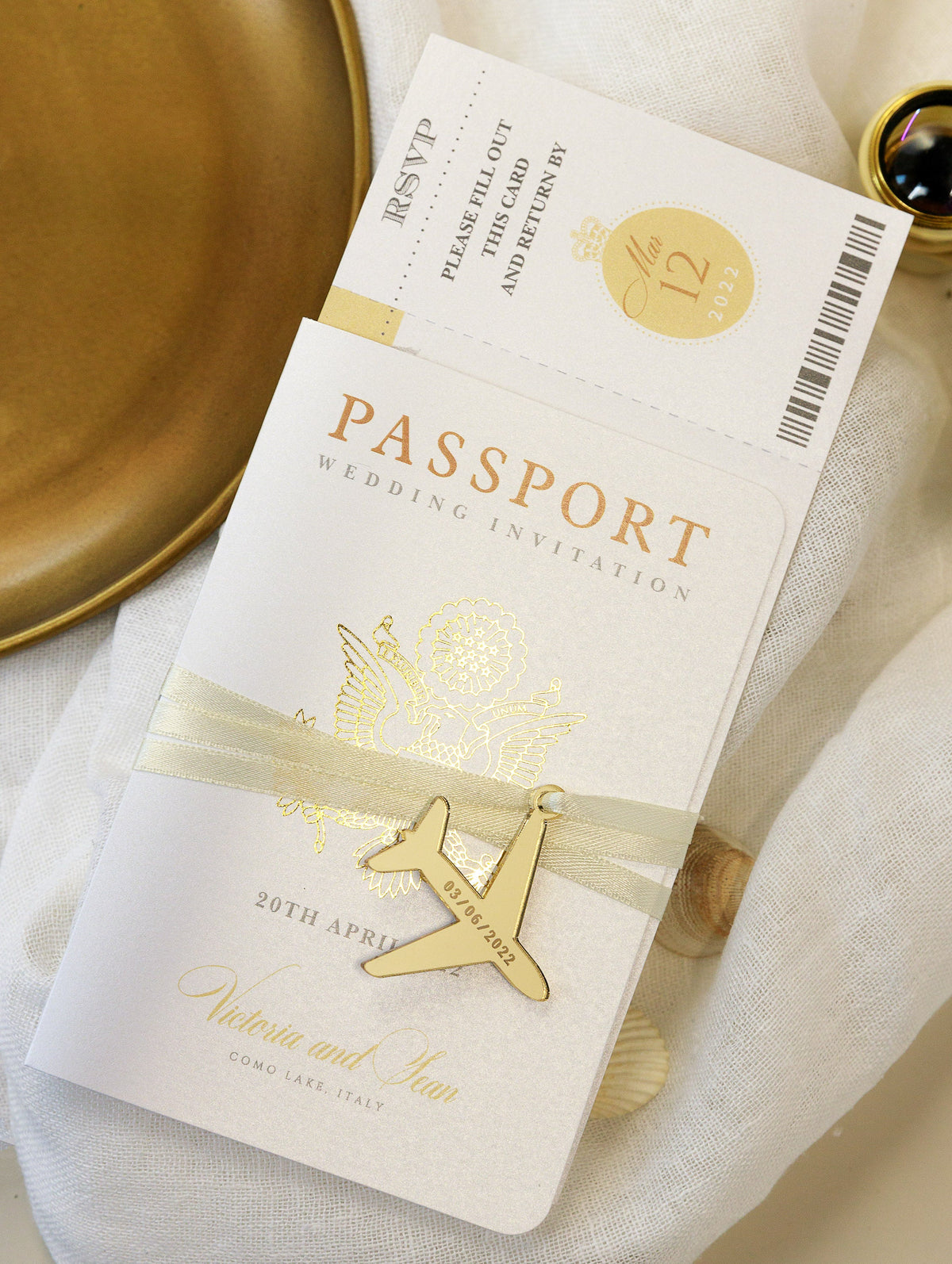 Gold Passport Wedding Invitation - Luxury Engraved Plane in Gold Plexi Passport & Real Gold Foil Destination Wedding