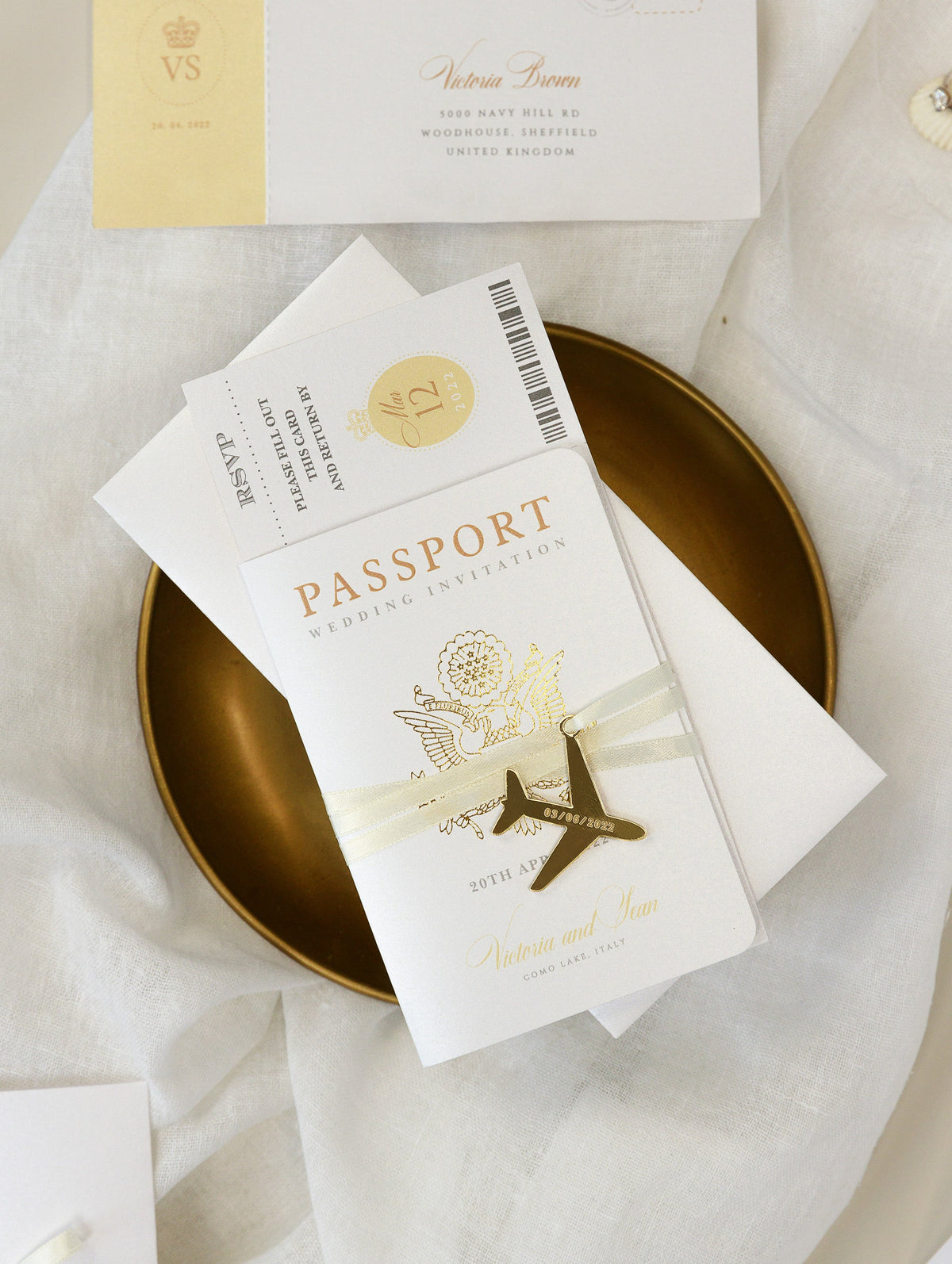 Gold Passport Wedding Invitation - Luxury Engraved Plane in Gold Plexi Passport & Real Gold Foil Destination Wedding