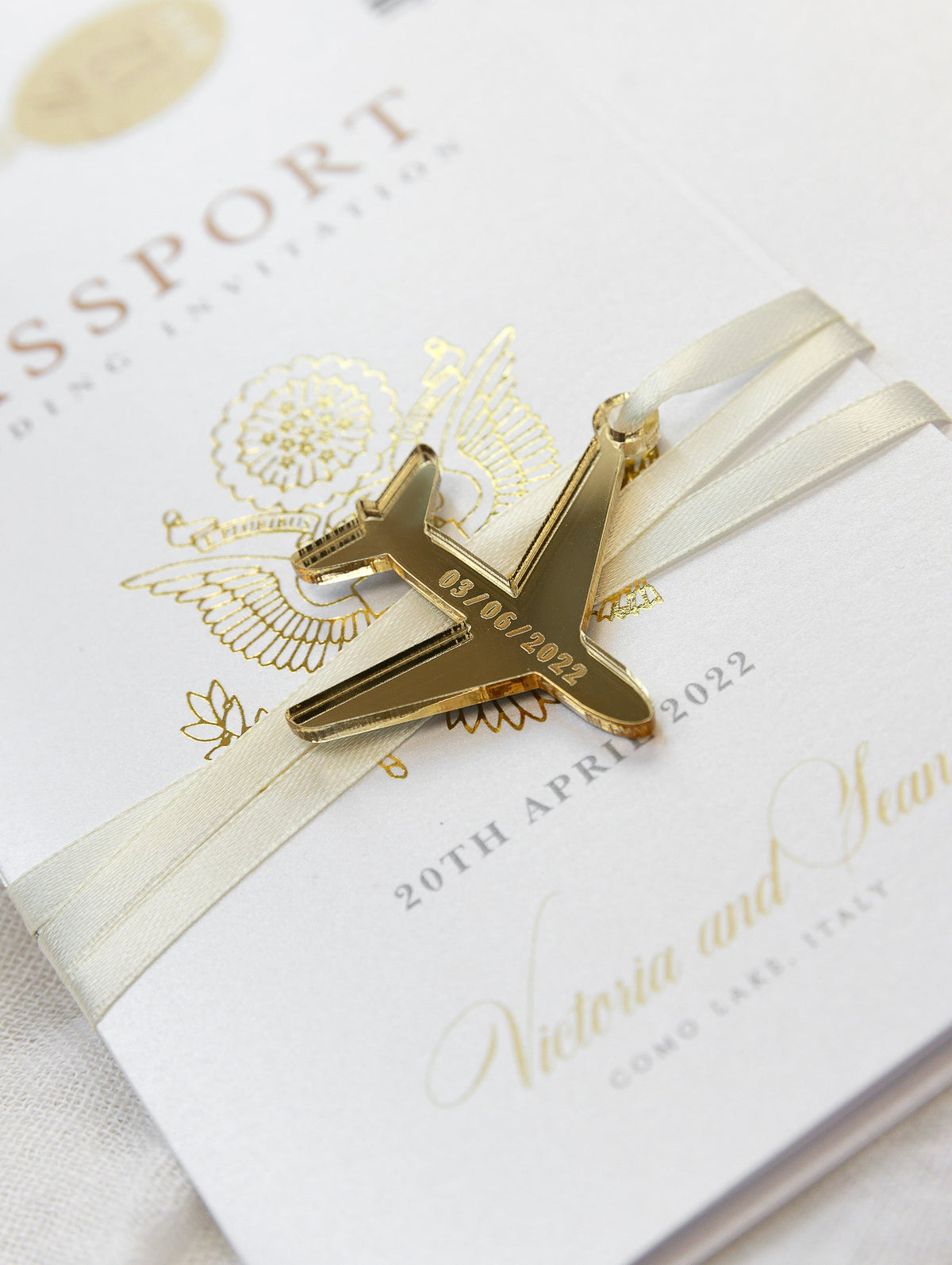 Gold Passport Wedding Invitation - Luxury Engraved Plane in Gold Plexi Passport & Real Gold Foil Destination Wedding