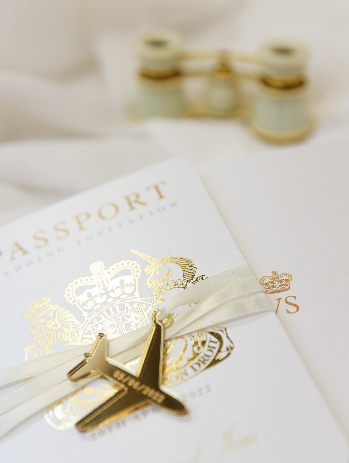 Gold Passport Wedding Invitation - Luxury Engraved Plane in Gold Plexi Passport & Real Gold Foil Destination Wedding