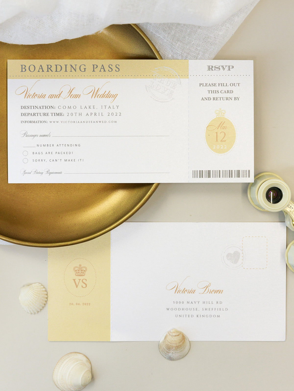 Gold Passport Wedding Invitation - Luxury Engraved Plane in Gold Plexi Passport & Real Gold Foil Destination Wedding