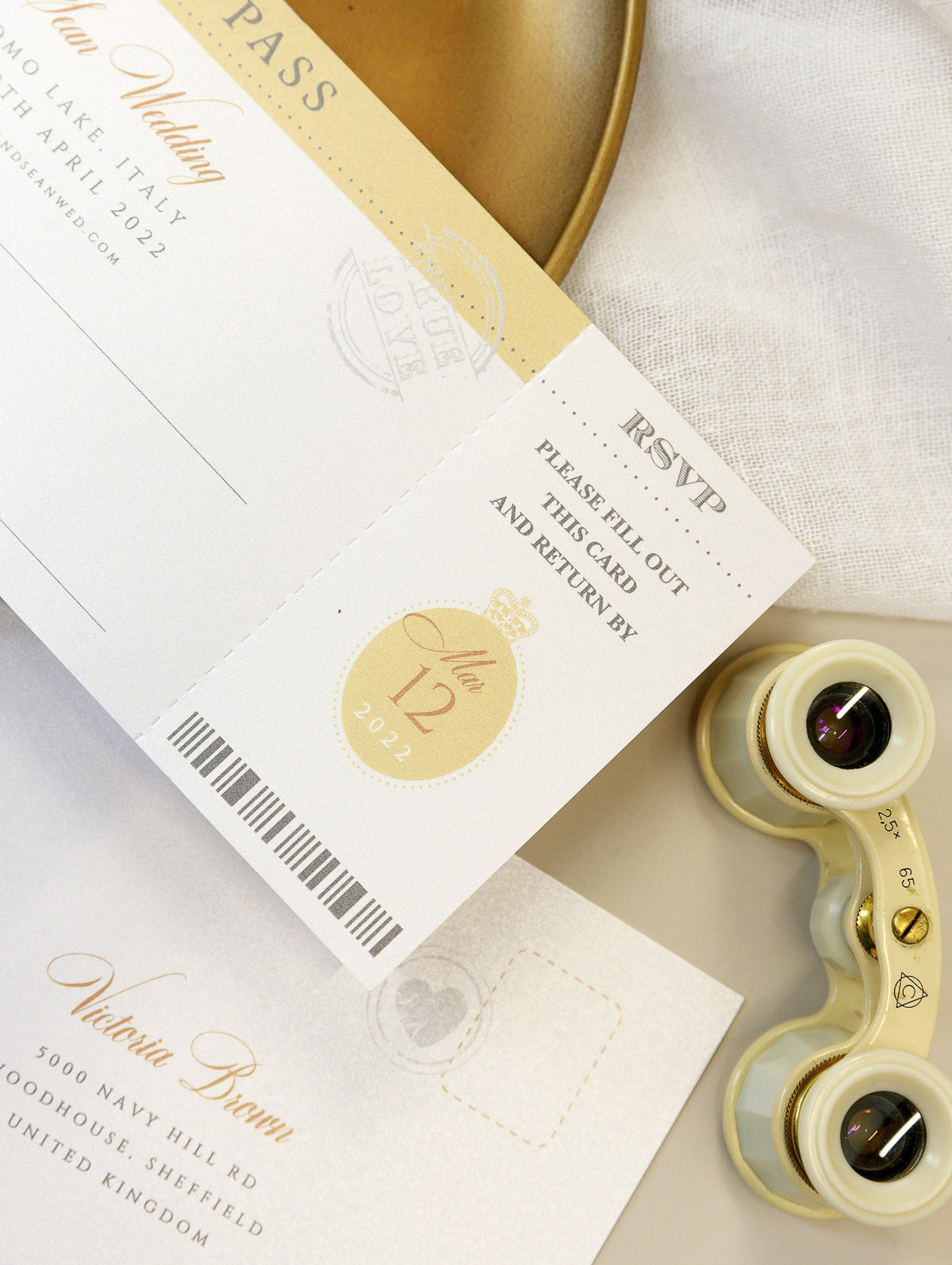 Gold Passport Wedding Invitation - Luxury Engraved Plane in Gold Plexi Passport & Real Gold Foil Destination Wedding