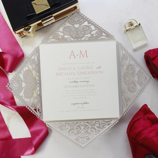 Monogram Belly Band Intricate Laser Cut Square Foil border with Glitter Pocket Invitation