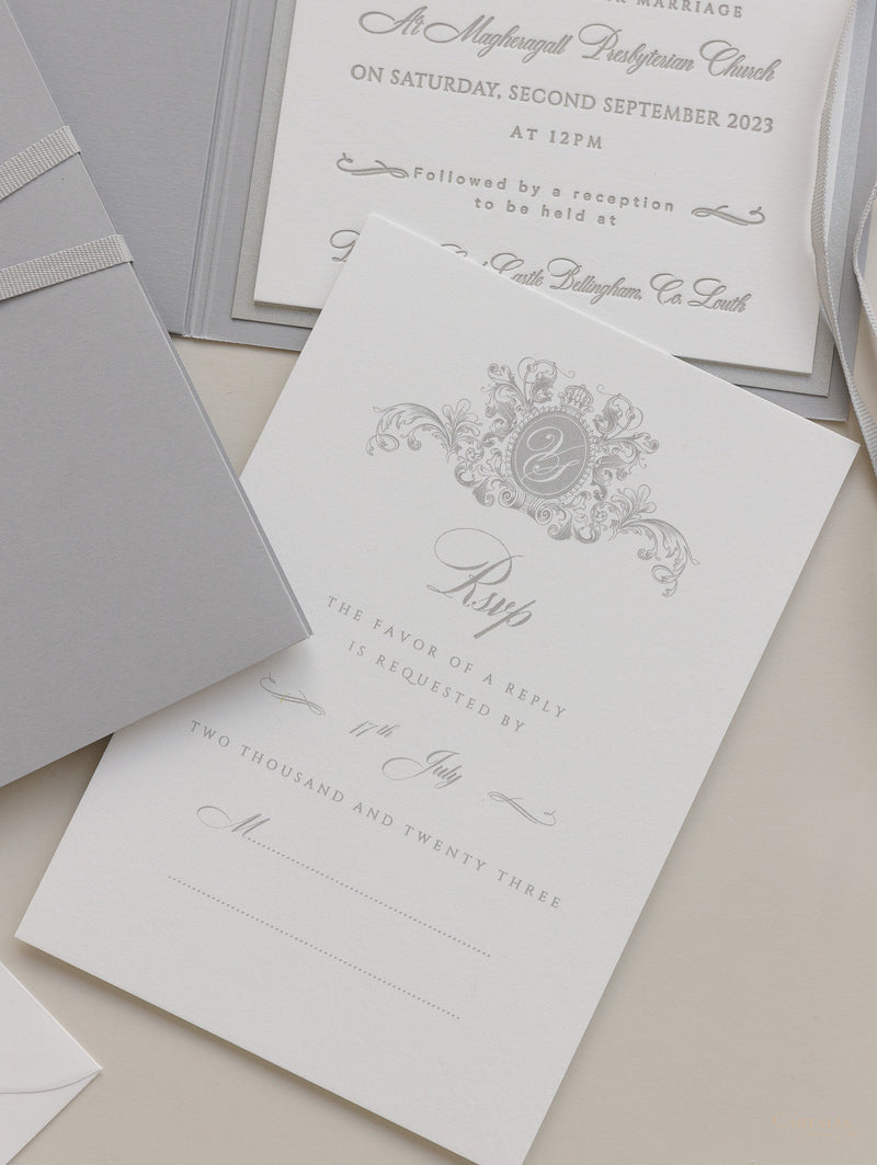 Luxury 710gsm Letterpress Folder Pocket Invitation Suite with Mirror Tag and Bow Tied Ribbon