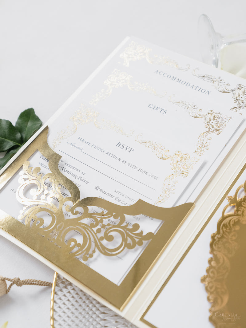 Luxury Gold Mirror & Champagne Boxed Invitation Suite with Venue Sketch in Foil | Bespoke Commission M&O