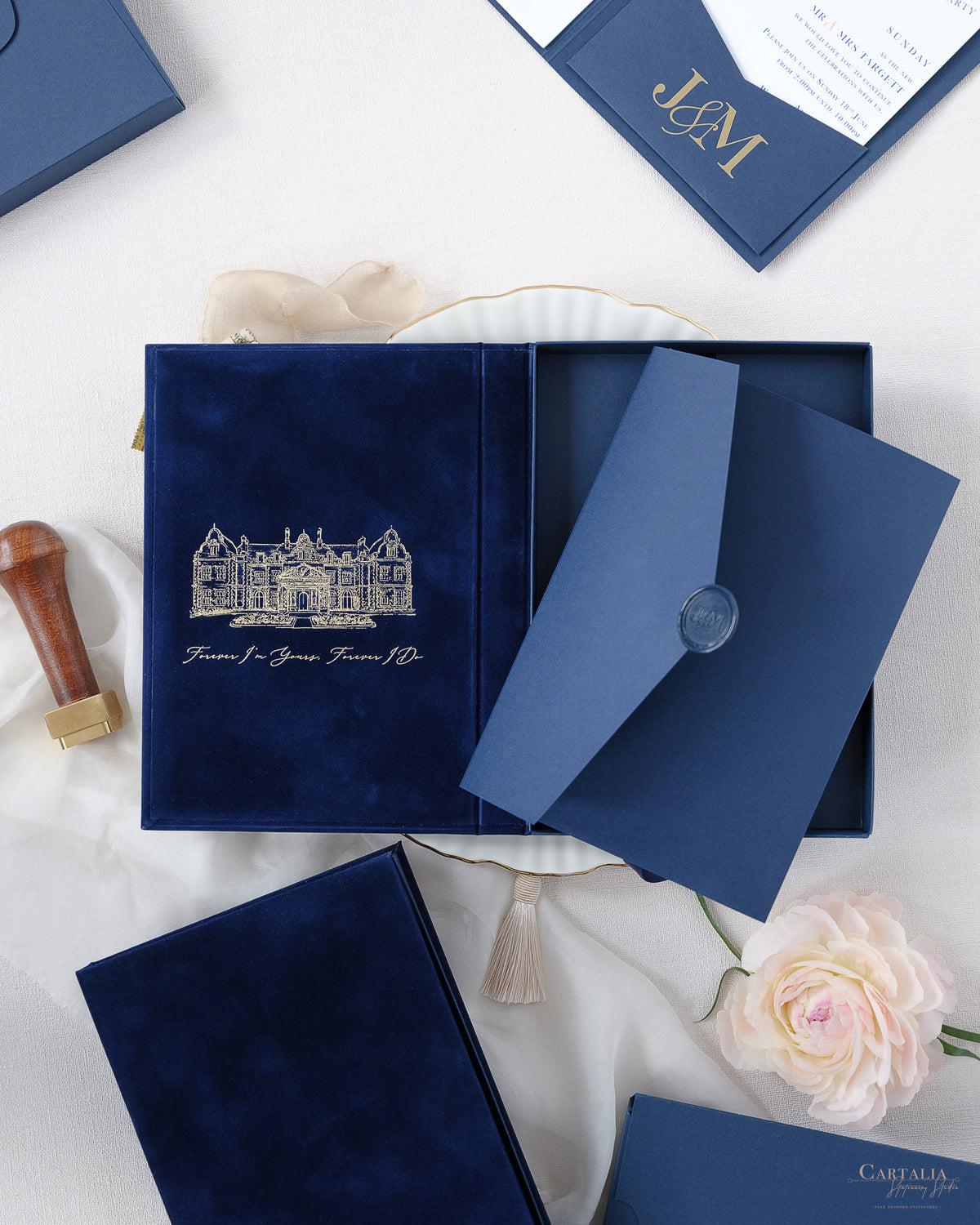 Luxury Velvet Hard Back Book & Box Pocket Invitation in Navy with Gold Foil Venue | Bespoke Commission J&M
