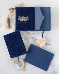 Luxury Velvet Hard Back Book & Box Pocket Invitation in Navy with Gold Foil Venue | Bespoke Commission J&M