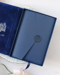 Luxury Velvet Hard Back Book & Box Pocket Invitation in Navy with Gold Foil Venue | Bespoke Commission J&M