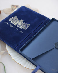 Luxury Velvet Hard Back Book & Box Pocket Invitation in Navy with Gold Foil Venue | Bespoke Commission J&M