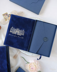 Luxury Velvet Hard Back Book & Box Pocket Invitation in Navy with Gold Foil Venue | Bespoke Commission J&M
