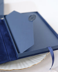 Luxury Velvet Hard Back Book & Box Pocket Invitation in Navy with Gold Foil Venue | Bespoke Commission J&M