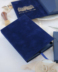 Luxury Velvet Hard Back Book & Box Pocket Invitation in Navy with Gold Foil Venue | Bespoke Commission J&M