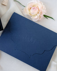 Luxury Velvet Hard Back Book & Box Pocket Invitation in Navy with Gold Foil Venue | Bespoke Commission J&M