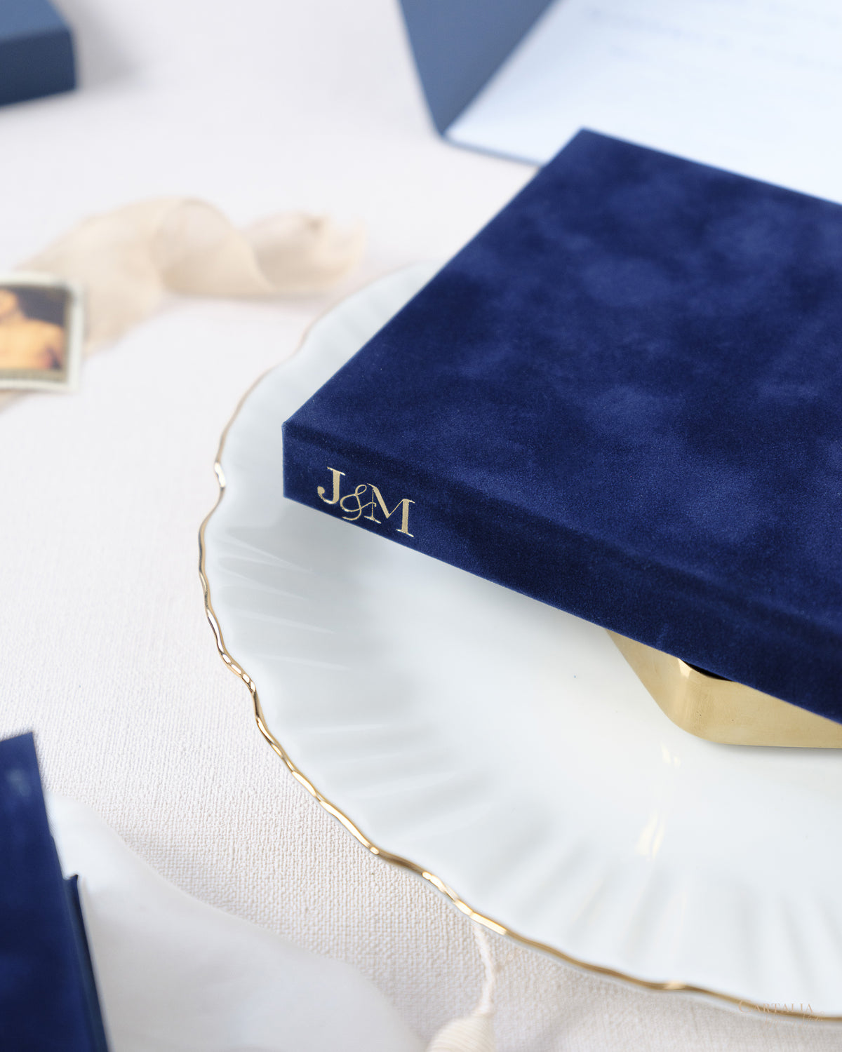 Luxury Velvet Hard Back Book & Box Pocket Invitation in Navy with Gold Foil Venue | Bespoke Commission J&M