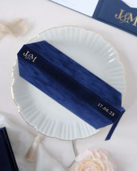 Luxury Velvet Hard Back Book & Box Pocket Invitation in Navy with Gold Foil Venue | Bespoke Commission J&M